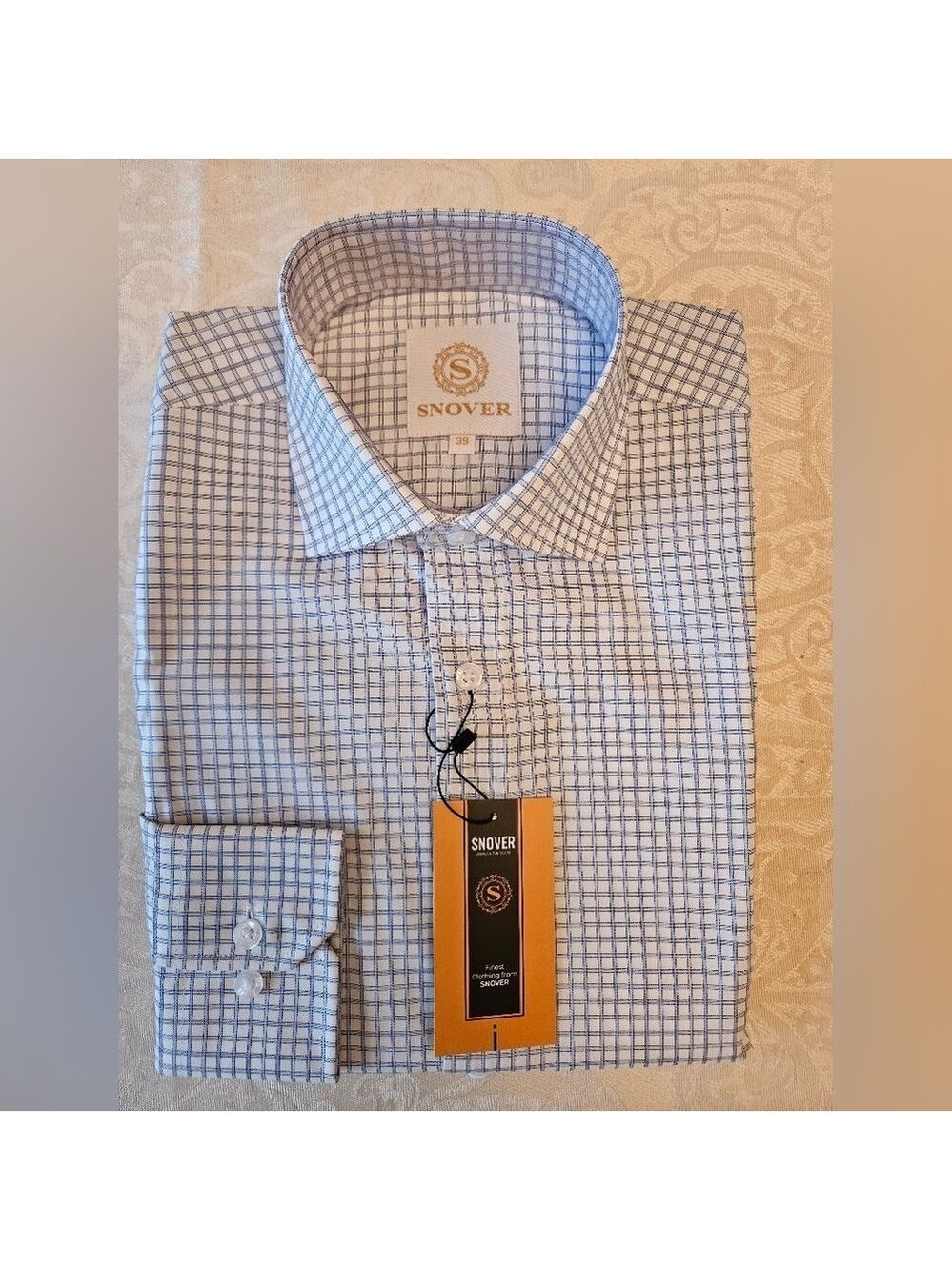 Men’s Cotton Light Blue Check Grid Shirt, Snover, 39, 15.5", Medium, NWT
